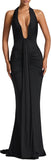 Women Deep V Neck Ruched Maxi Dress Sleeveless Halter Gown Cocktail Evening Formal Dresses