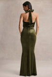 Lavernia Olive Velvet Halter Neck Maxi Dress With Gathered Detailing