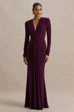 Flashy Burgundy Plunge Neck Maxi Dress With Ruched Detailing