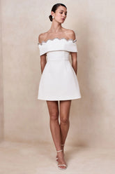 Norella White Scalloped Bardot Neck Mini Dress