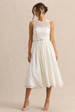 Anabella White Lace Crew Neck Belted Midi Dress