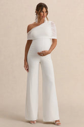 Mariska White Asymmetric Neck Maternity Jumpsuit
