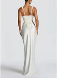 Women Wedding Guest Dress Satin Corset Top Elegant Maxi Dresses with Sheer Scarf Evening Gown