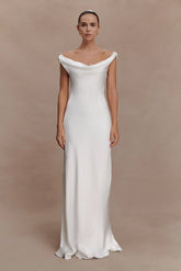 Ashley Cowl Neck Lace And Satin Maxi Dress Ivory