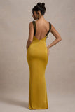 Sahara Mustard Satin V Neck Maxi Dress With Black Lace Trim