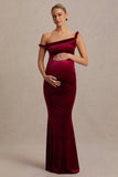 Tallulah Burgundy Velvet Asymmetric Neck Maternity Maxi Dress With Twist Sleeve