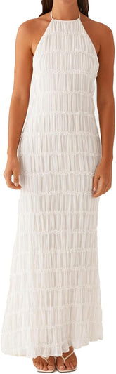 Women Backless Dress Sleeveless Textured Halter Open Back Maxi Dresses Vacation Wedding Guest