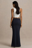 Elana Navy Pinstripe Maxi Skirt With Front High Split
