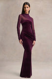 Cambria Plum Velvet High Neck Maxi Dress With Draped Detailing