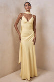 Starling Lemon Matte Satin Plunge Neck Maxi Dress With Scarf Detail