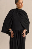Honora Black High Neck Midi Dress With Cape Sleeves