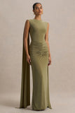 Premiere Olive Boat Neck Maxi Dress With Cape Sleeves And Open Back