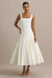 Magnolia White Scoop Neck Midi Dress With Drop Waist And Ruffling Detail