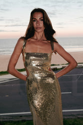 Adoria Sequin Cut Out Maxi Dress Gold