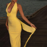 Women Sexy Backless Dress Halter Deep V Neck Detachable Flower Sleeveless Open Back Maxi Dress Cocktail Prom Formal Dresses
