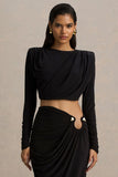 Fluxy Black Long Sleeved Crop Top With Ruched Detailing