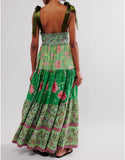 Women Floral Maxi Dress Tie Shoulder Patchwork Smocked Flowy Boho Dress with Pockets Summer Vacation Sundress