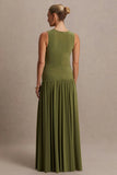 Outline Olive Crew Neck Maternity Maxi Dress With Pleated Skirt