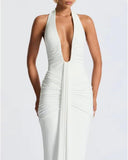 Women Deep V Neck Ruched Maxi Dress Sleeveless Halter Gown Cocktail Evening Formal Dresses