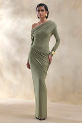 Rosirene Olive Asymmetric Neck Maxi Dress With Draped Detailing