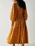 Women Floral Embroidered Maxi Dress Long Puff Sleeve Square Neck Bohemian Flowy Dress with Pockets Summer Fall