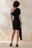 Dalina Black Asymmetric Neck Mini Dress With Sash Detail
