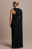 Tessy Black Asymmetric Neck Maternity Maxi Dress With Cape Sleeve