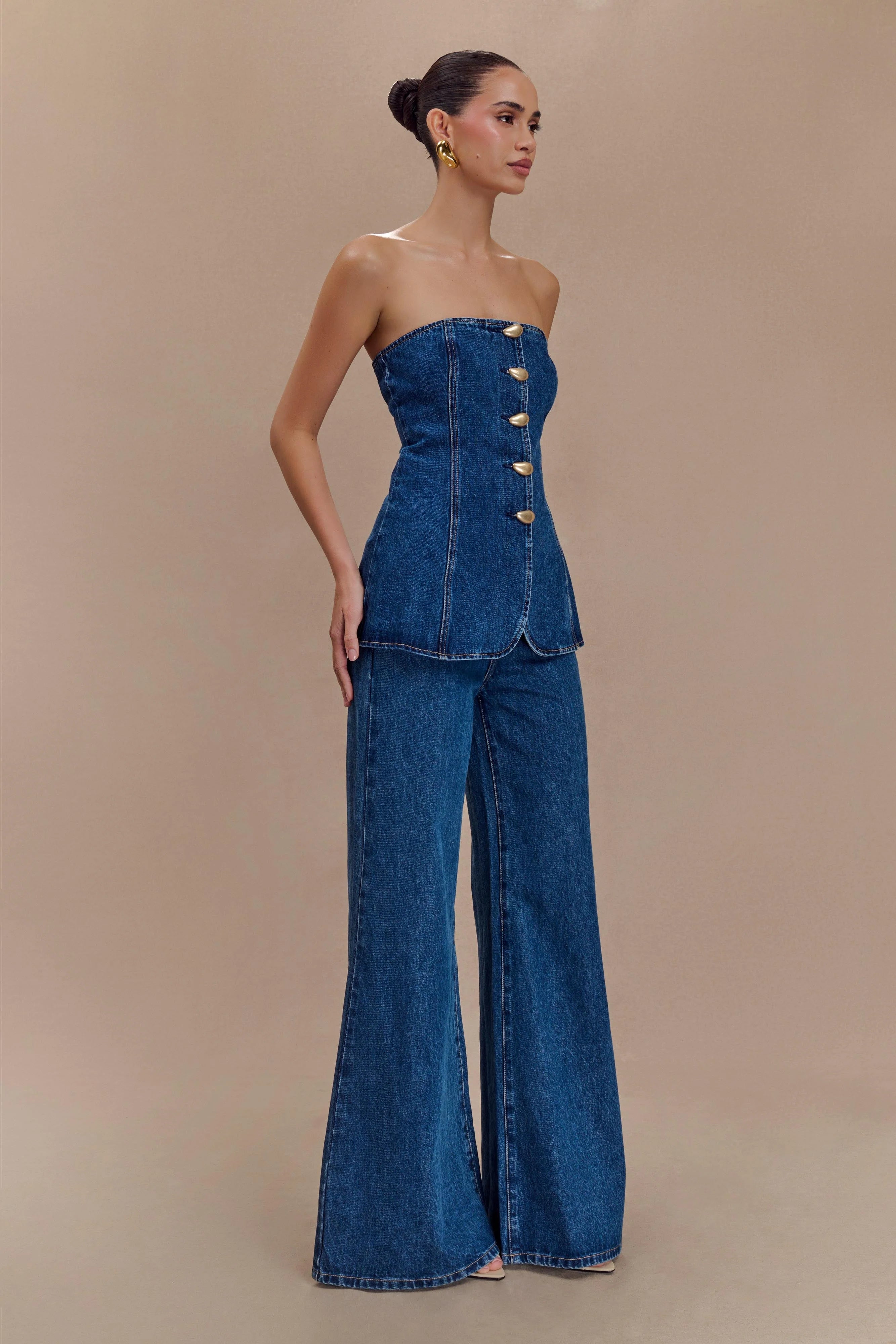 Jen Wide Leg Flare Denim Jeans Dark Blue