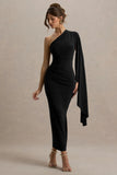 Clementina Black Asymmetric Cape Sleeve Maxi Dress
