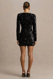 Ritz Black Sequin Plunge Neck Mini Dress With Long Sleeves