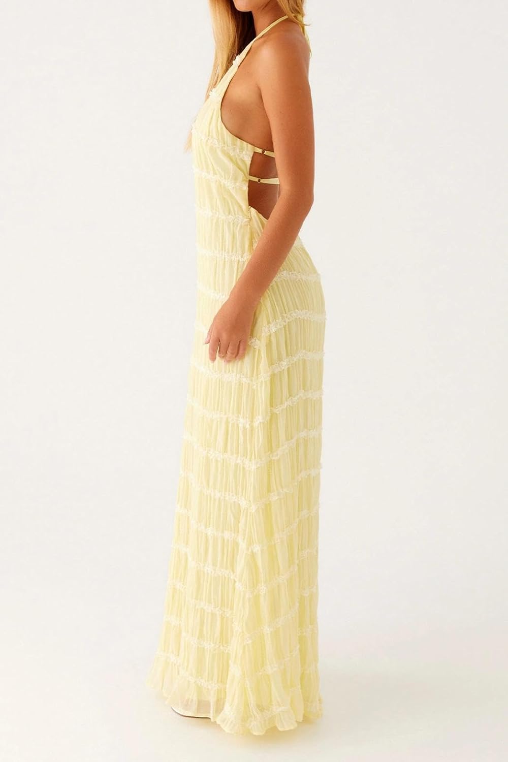 Women Backless Dress Sleeveless Textured Halter Open Back Maxi Dresses Vacation Wedding Guest