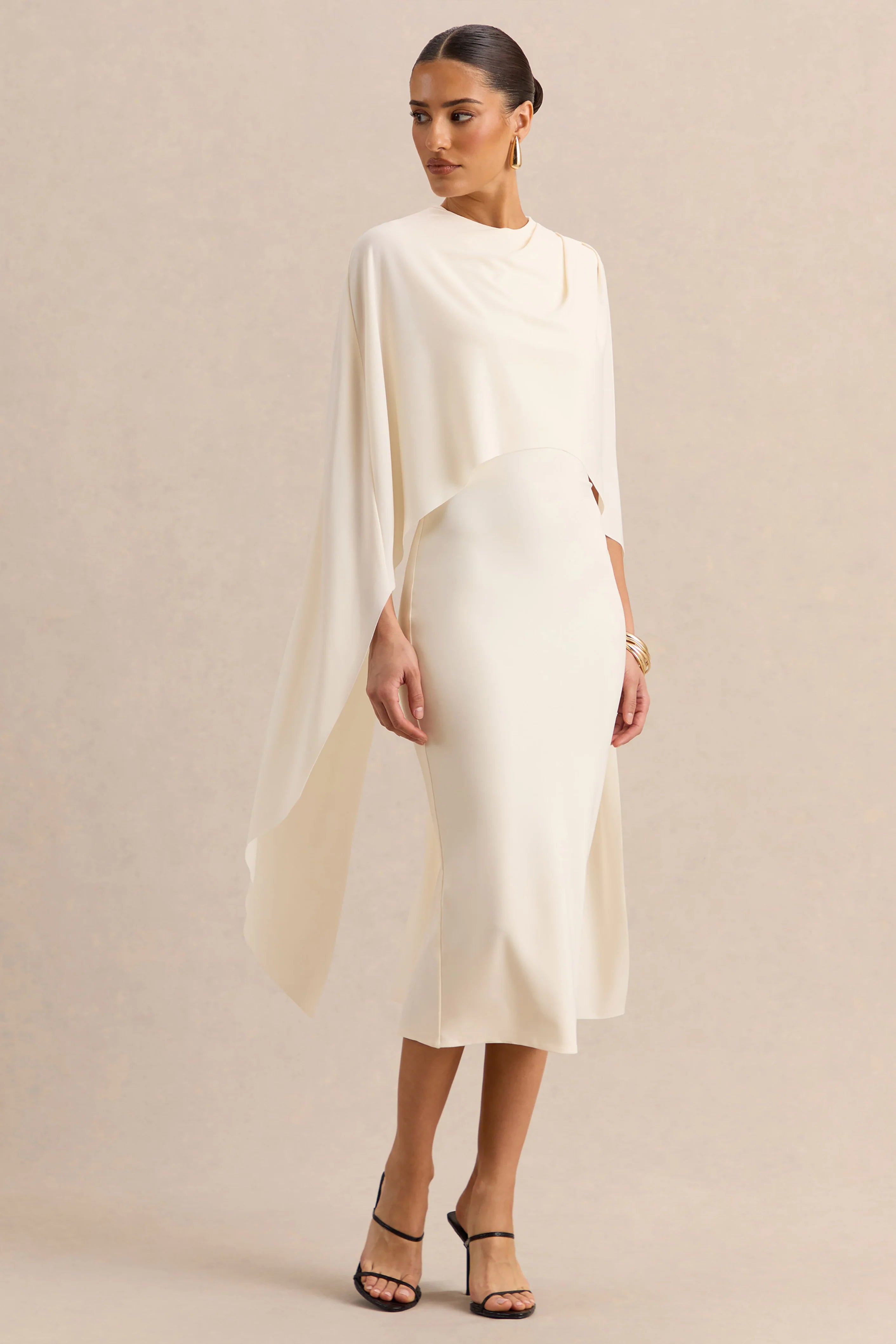 Luxalyn Cream Round Neck Midi Dress With Cape Detail