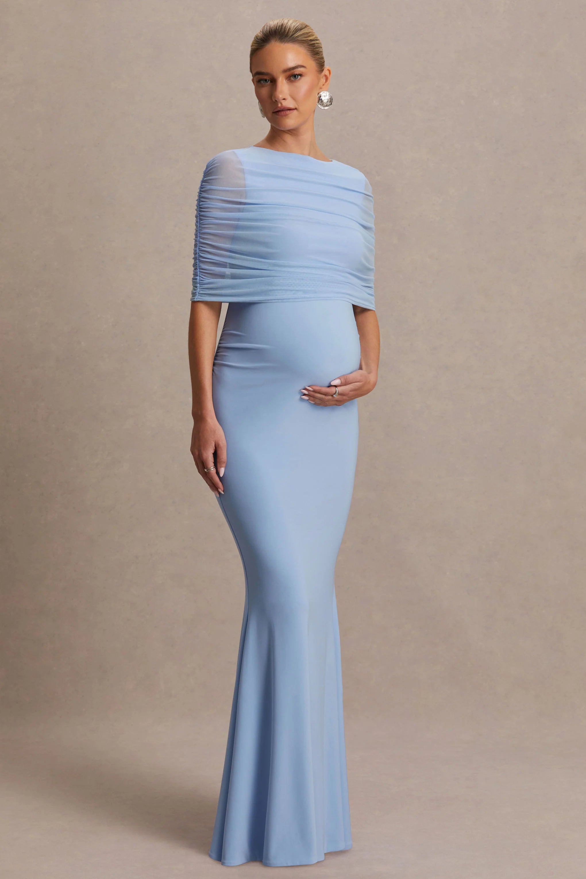 Zaria Powder Blue Crew Neck Maternity Maxi Dress With Cape Overlay