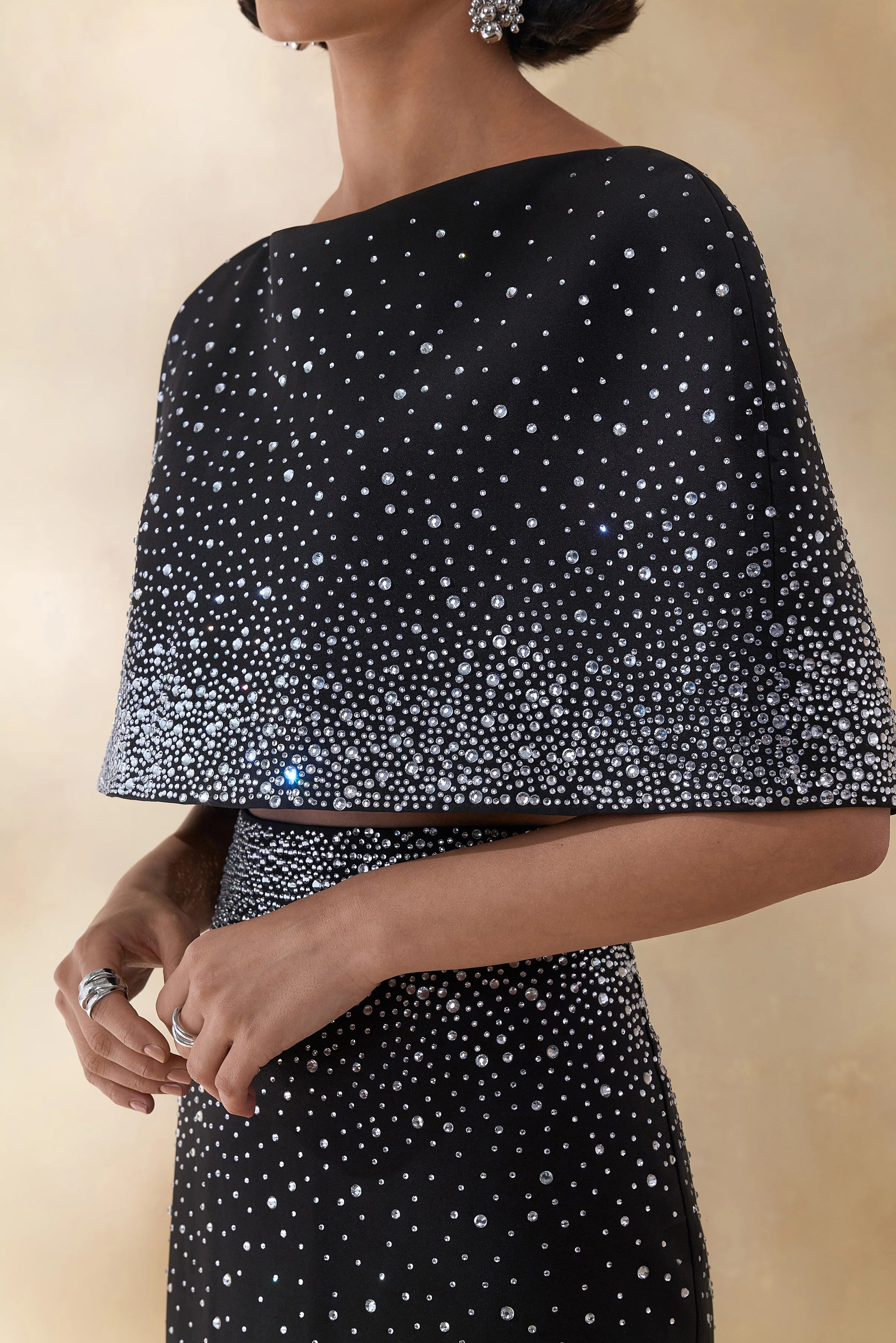 Luxy Black Embellished Boat Neck Crop Top With Cape Sleeves