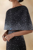 Luxy Black Embellished Boat Neck Crop Top With Cape Sleeves