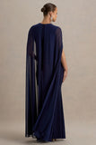 Currant Navy Crew Neck Maternity Maxi Dress With Cape