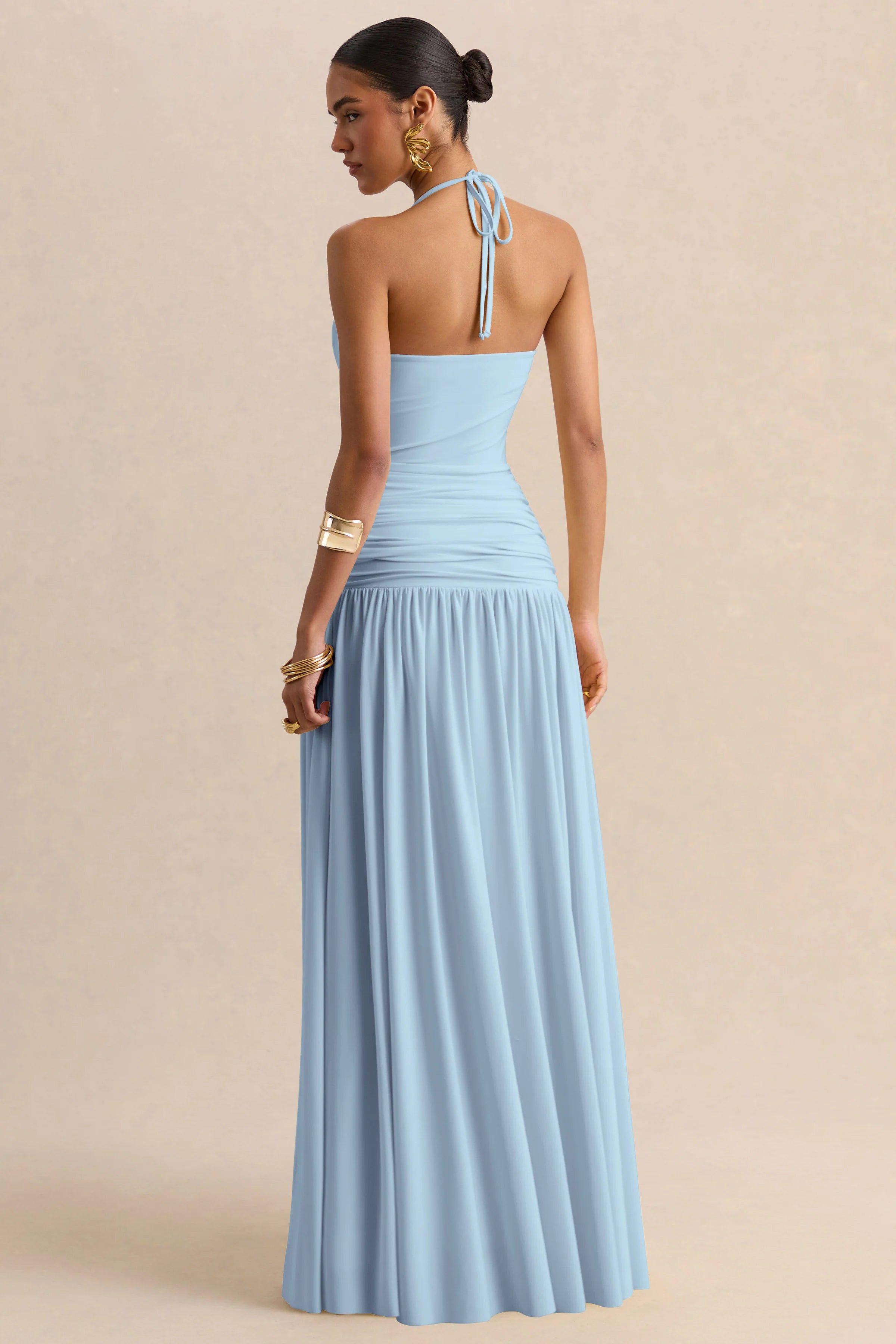 Nicolette Powder Blue Square Neck Maxi Dress With Ruched Detailing