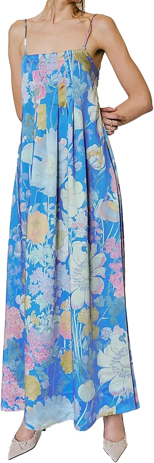 Women Boho Floral Maxi Dress Backless Spaghetti Strap A Line Flowy Summer Vacation Long Dress