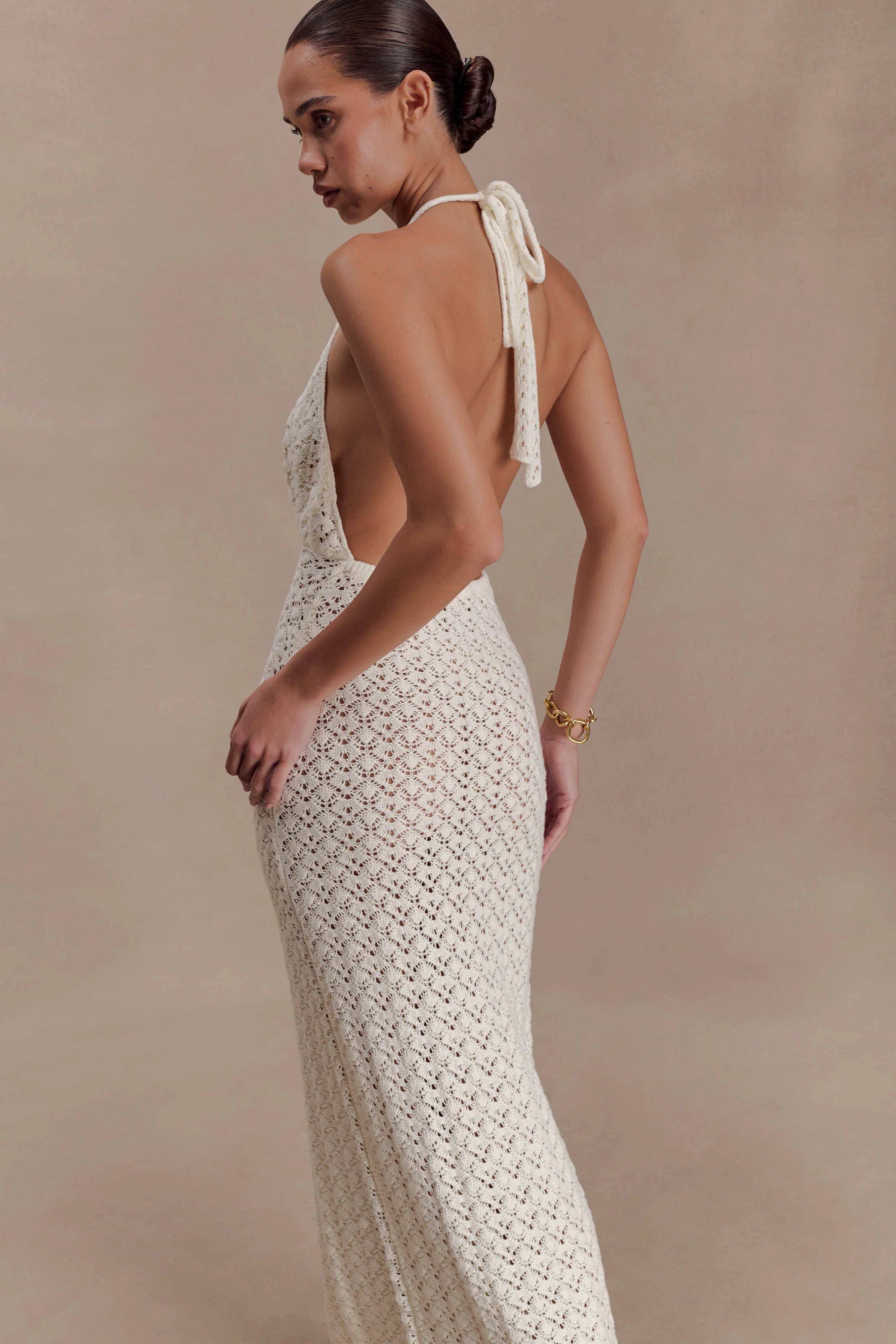 Deeliah Halterneck Crochet Maxi Dress Ivory