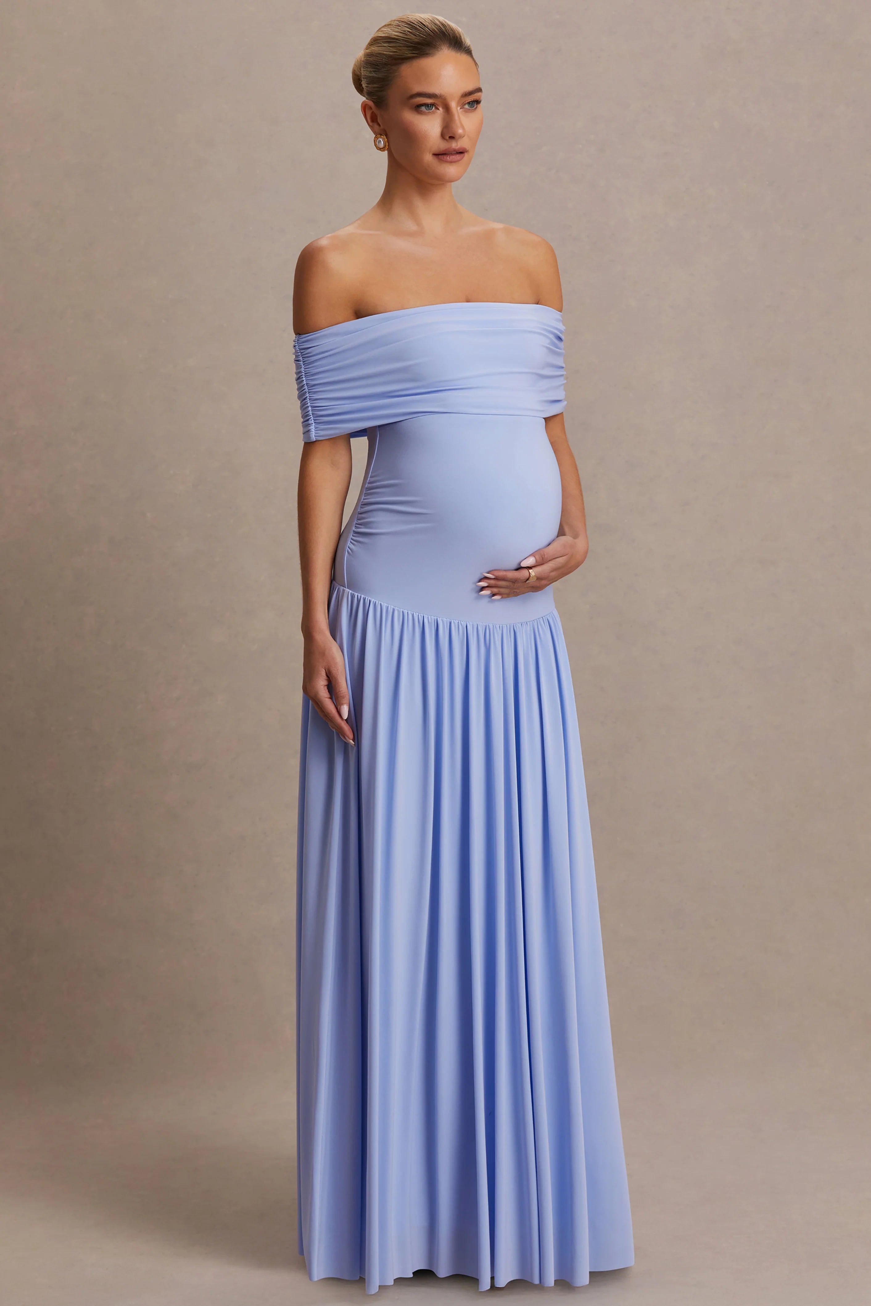 Juliette Powder Blue Bardot Neck Maternity Maxi Dress With Drop Waist