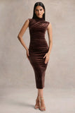 Novine Brown Velvet High Neck Midi Dress