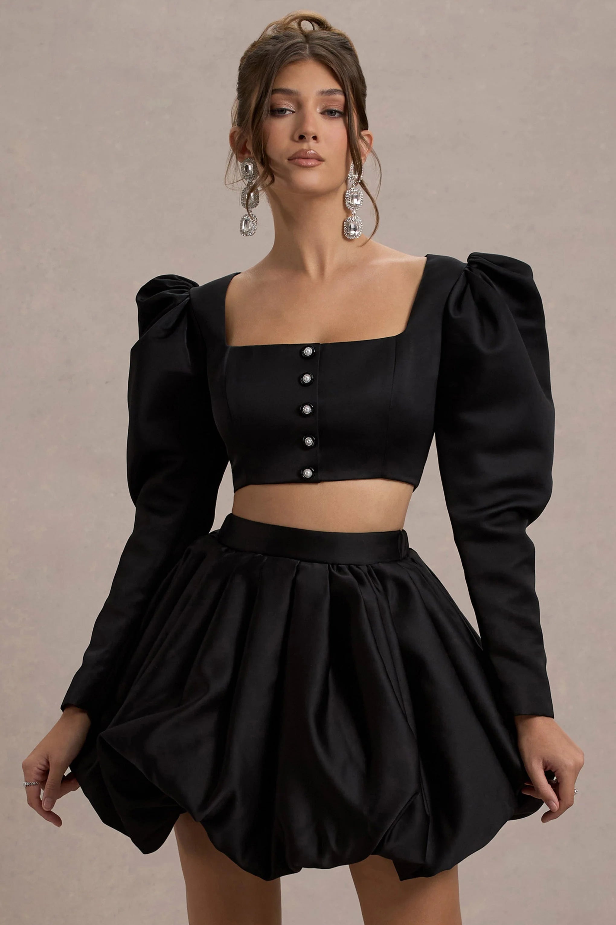 Eloisa Black Satin Puff Sleeve Cropped Jacket