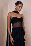 Lyvoria Black Bandeau Maxi Dress With Mesh Detail And Scarf
