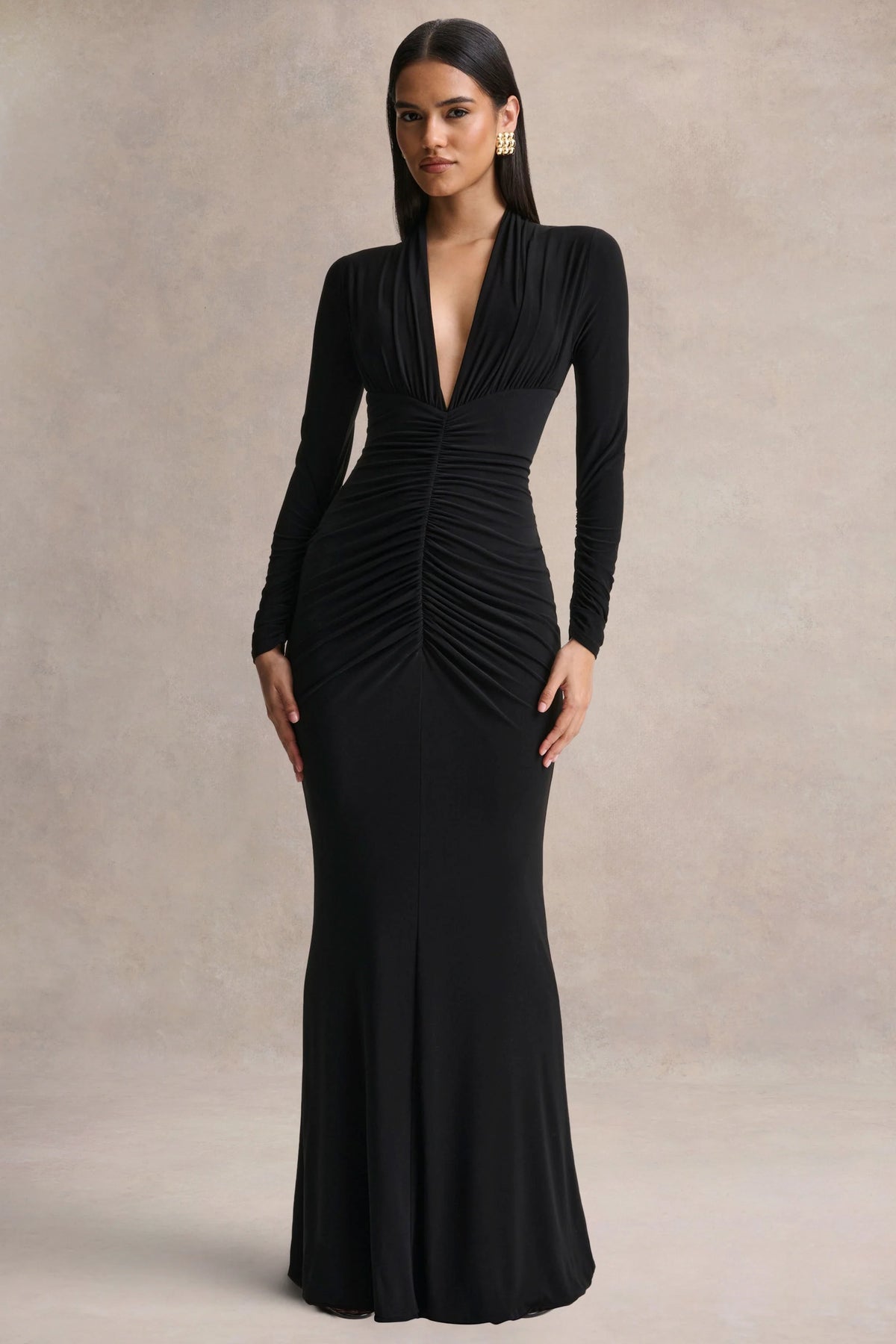Tami Black Plunge Neck Long Sleeve Maxi Dress