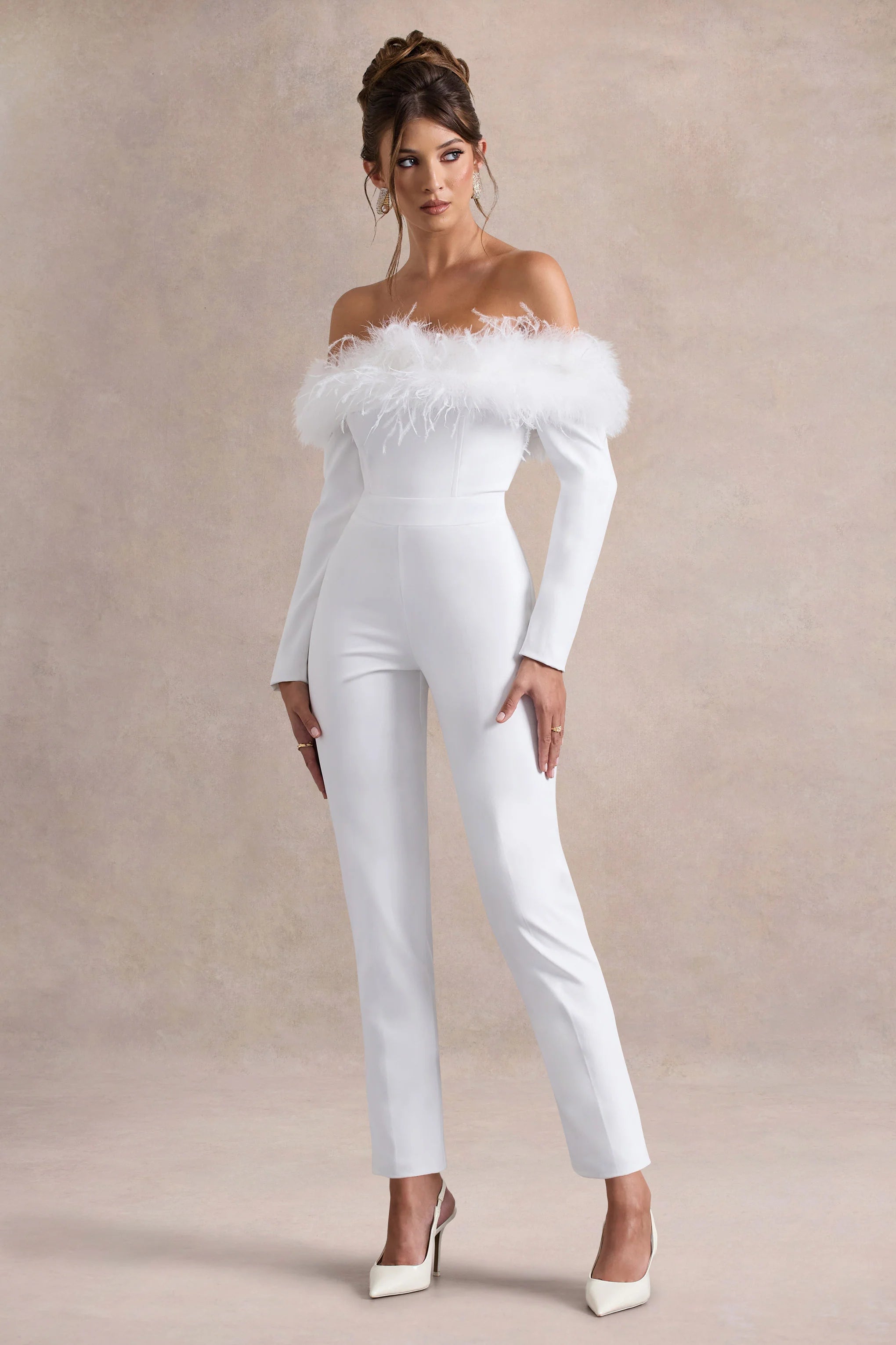 Ales White Bardot Tailored Straight Leg Jumpsuit With Feather Trim