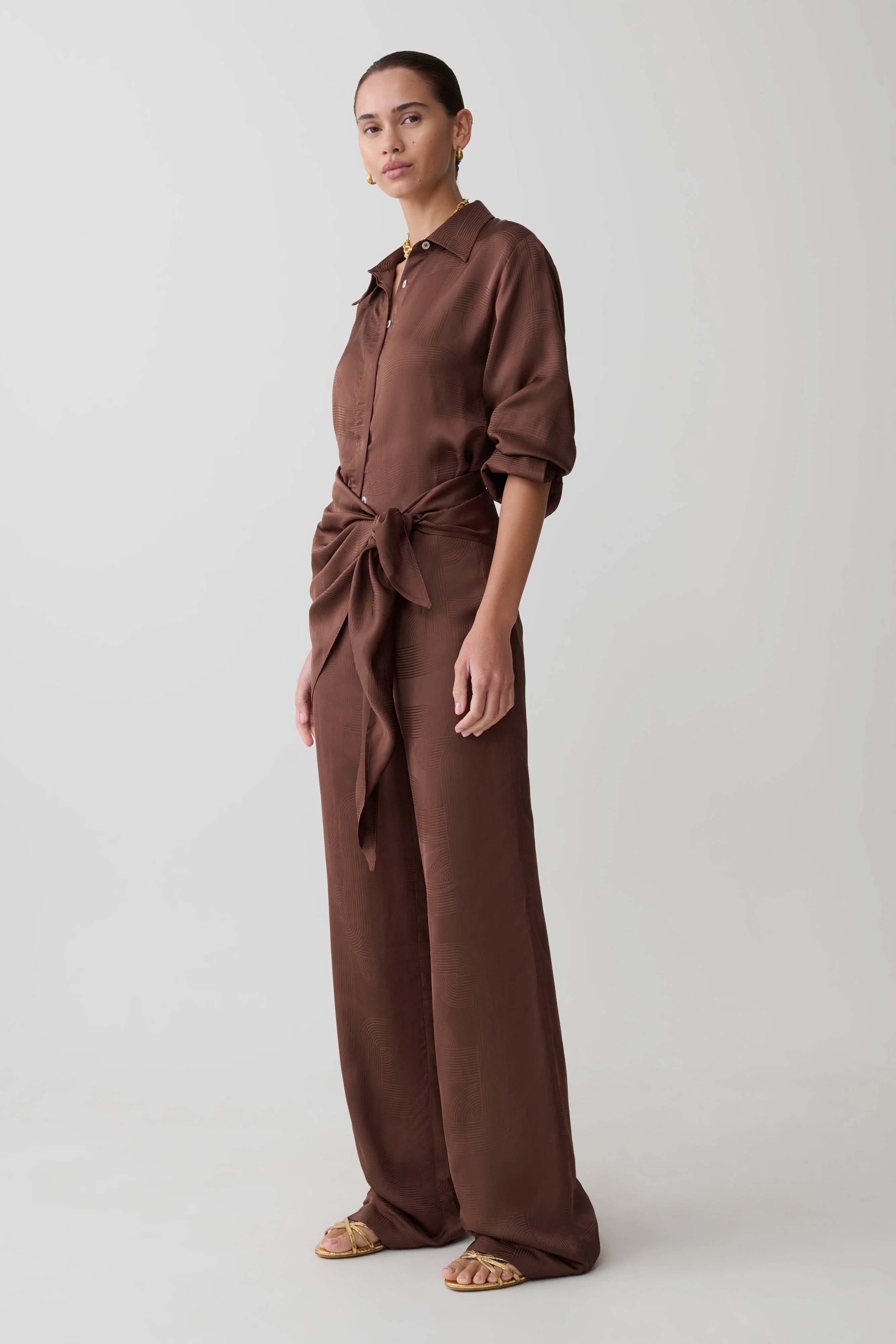 Gia Wrapped Tie Satin Pants Chocolate