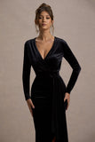 Arcadia Black Velvet Plunge Neck Wrap Midi Dress