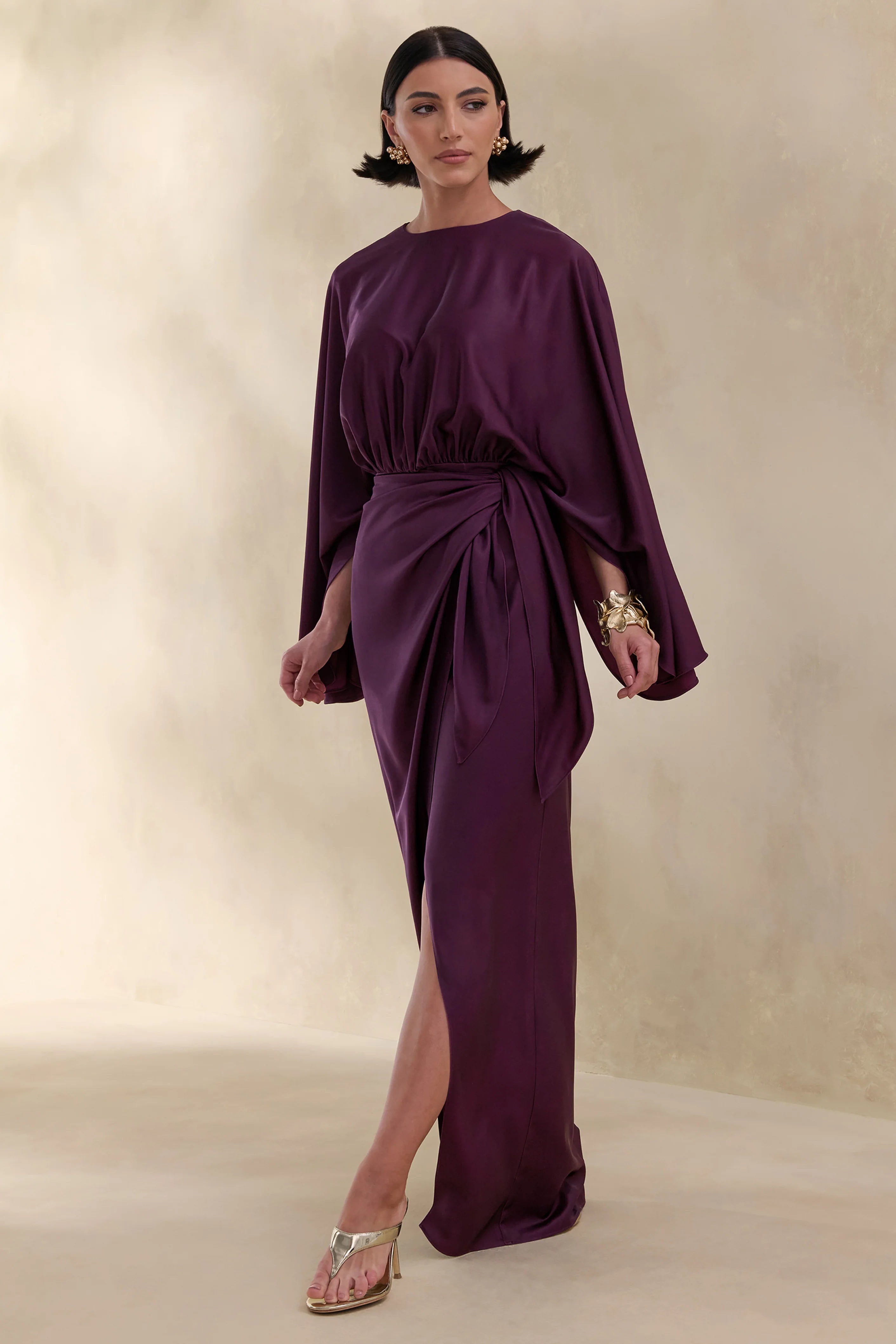 Delphina Plum Satin Maxi Dress With Gathered And Knot Detail