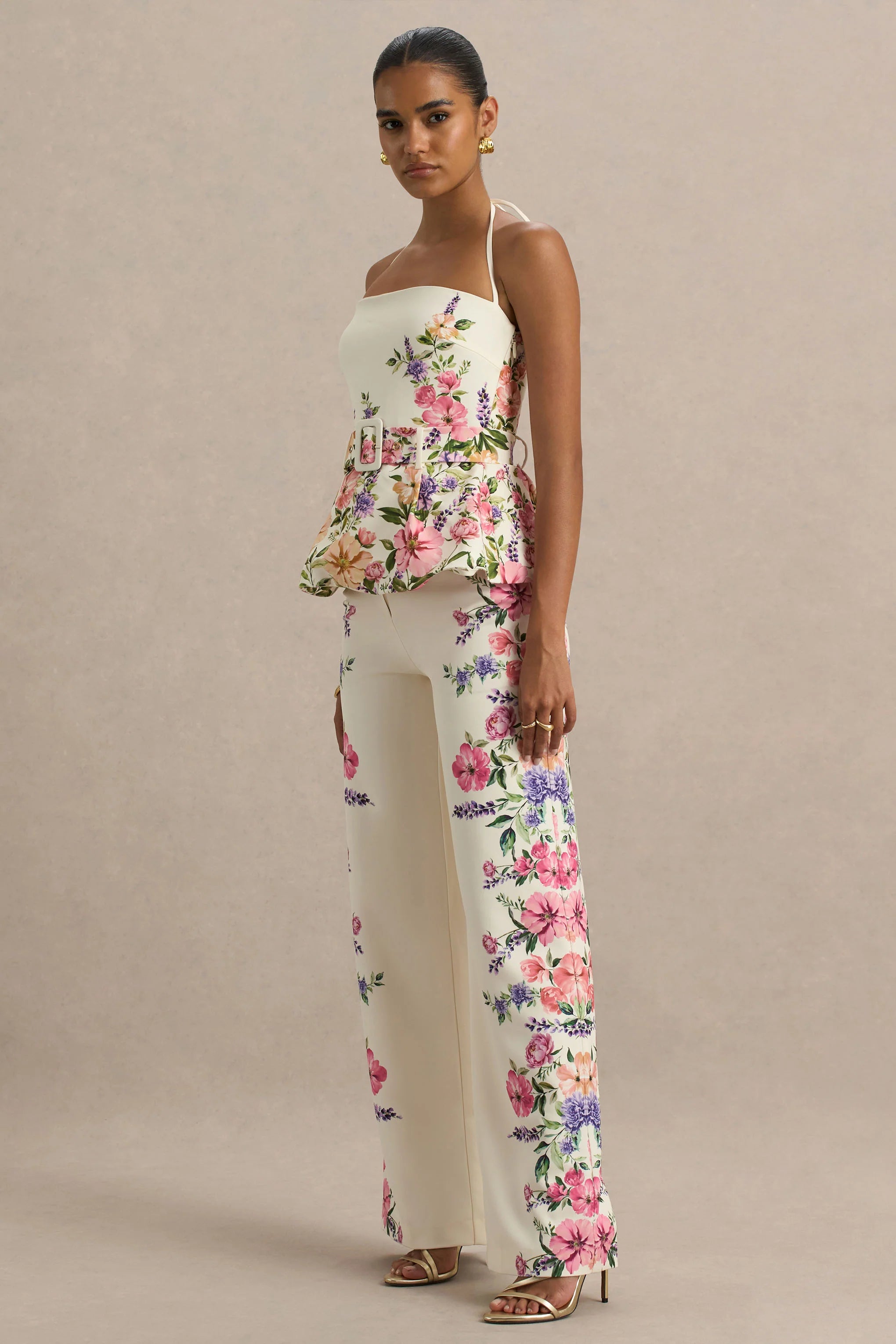 Solana White Floral Border Print Wide Leg Trousers