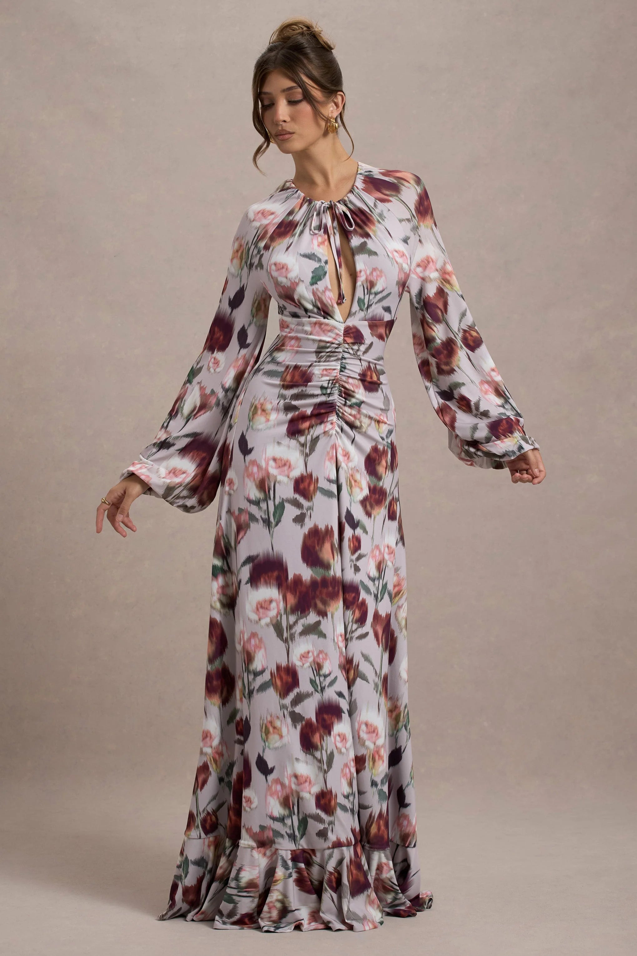 Althena Cream Floral Print Balloon Sleeve Maxi Dress